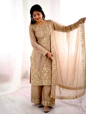 Beige silk blend embroidered palazzo set 2