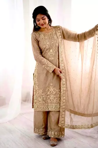 Beige silk blend embroidered palazzo set