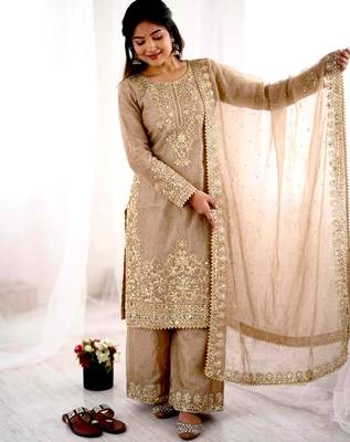 Beige silk blend embroidered palazzo set 3