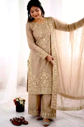 Beige silk blend embroidered palazzo set