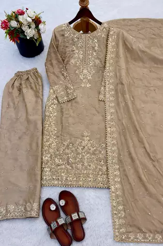 Beige silk blend embroidered palazzo set