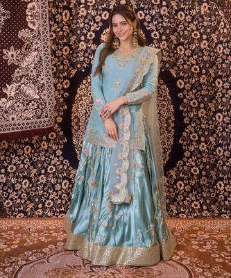 Blue satin embroidered lehenga-kurta set 1