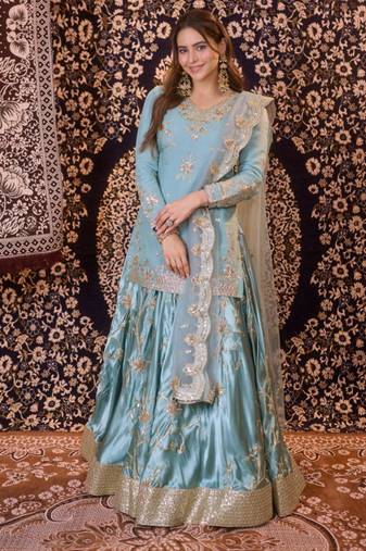 Blue satin embroidered lehenga-kurta set