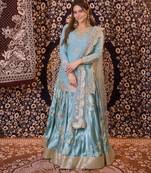 Blue satin embroidered lehenga-kurta set