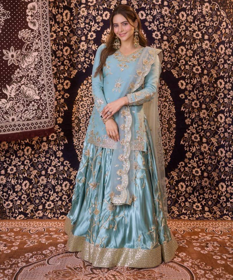 Blue satin embroidered lehenga-kurta set