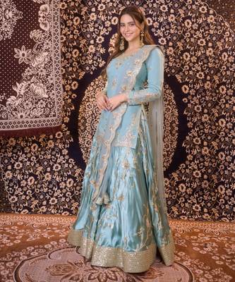 Blue satin embroidered lehenga-kurta set 2