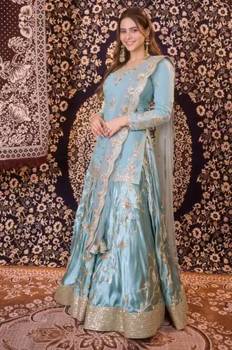 Blue satin embroidered lehenga-kurta set