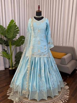 Blue satin embroidered lehenga-kurta set 3