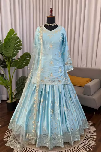 Blue satin embroidered lehenga-kurta set