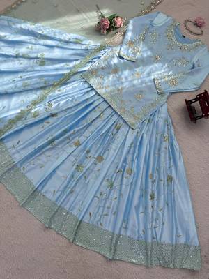 Blue satin embroidered lehenga-kurta set 4