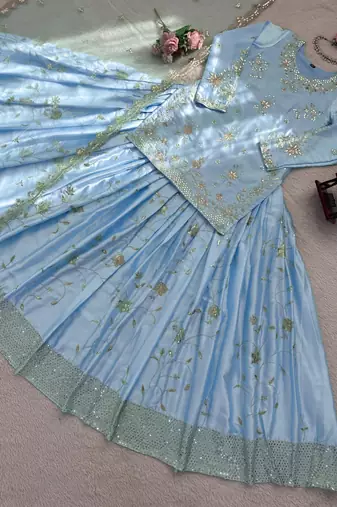 Blue satin embroidered lehenga-kurta set