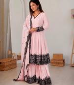 Pink faux georgette embroidered palazzo set