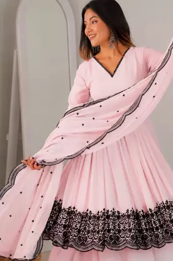 Pink faux georgette embroidered palazzo set