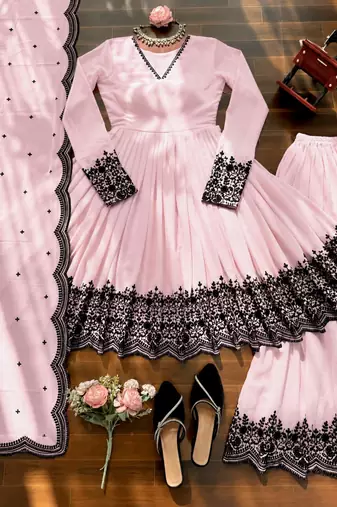 Pink faux georgette embroidered palazzo set