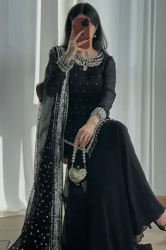 Black faux georgette embroidered palazzo set