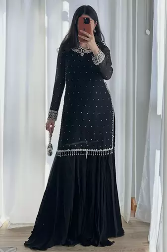 Black faux georgette embroidered palazzo set