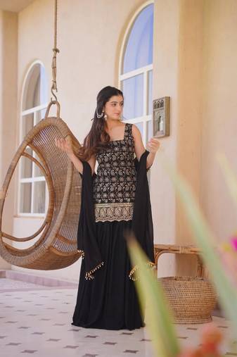 Black faux georgette embroidered palazzo set
