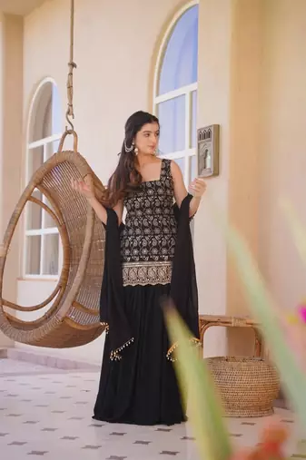 Black faux georgette embroidered palazzo set