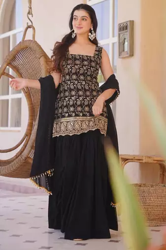 Black faux georgette embroidered palazzo set