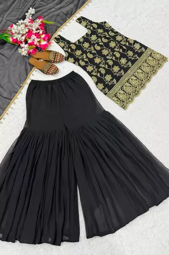 Black faux georgette embroidered palazzo set