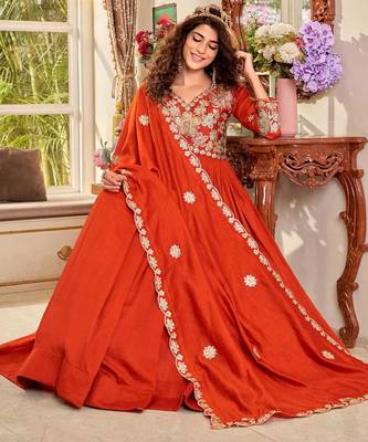 Orange silk blend embroidered flared gown set 1