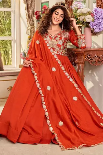 Orange silk blend embroidered flared gown set