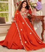 Orange silk blend embroidered flared gown set