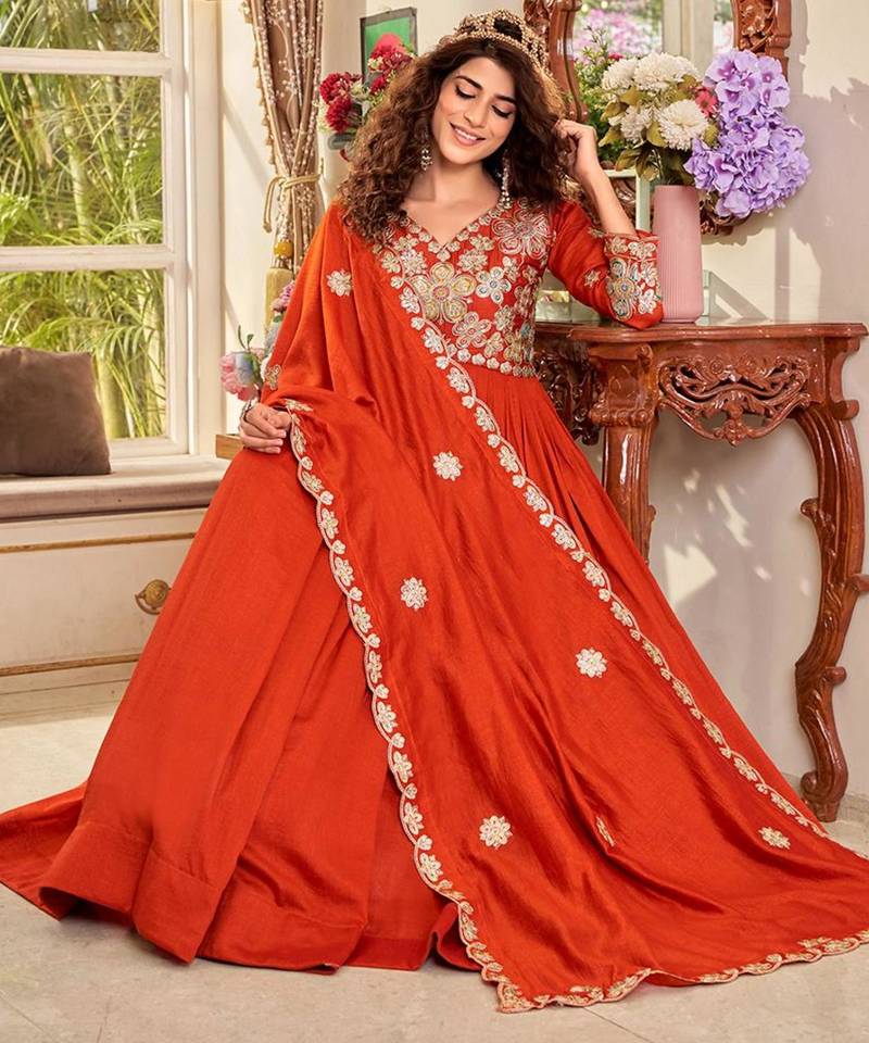 Orange silk blend embroidered flared gown set
