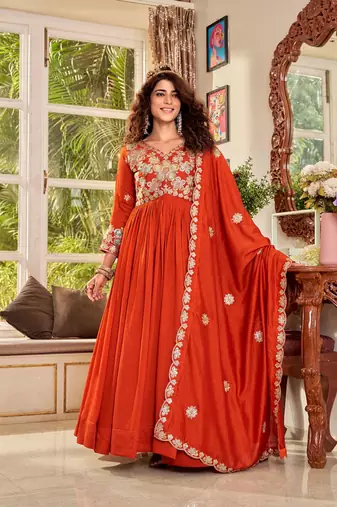 Orange silk blend embroidered flared gown set
