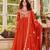 Orange silk blend embroidered flared gown set