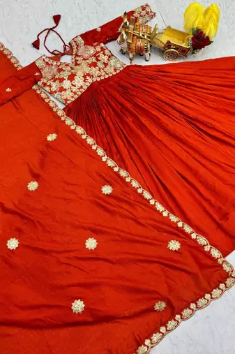 Orange silk blend embroidered flared gown set