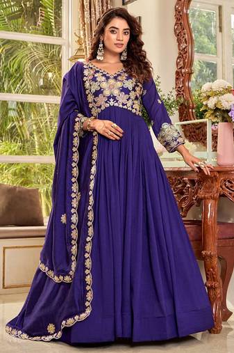 Purple silk blend embroidered flared gown set