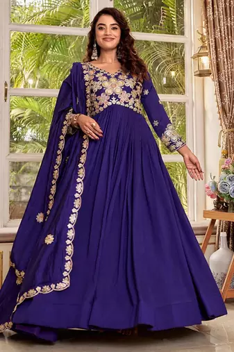 Purple silk blend embroidered flared gown set
