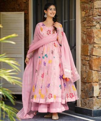 Pink georgette embroidered flared gown set 1