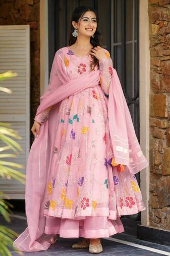 Pink georgette embroidered flared gown set