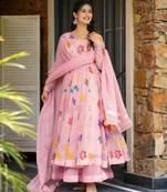 Pink georgette embroidered flared gown set