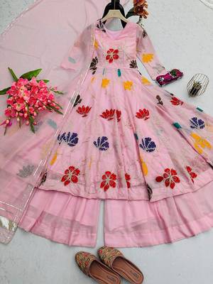 Pink georgette embroidered flared gown set 4