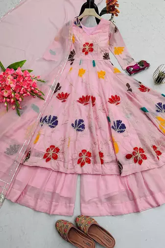 Pink georgette embroidered flared gown set
