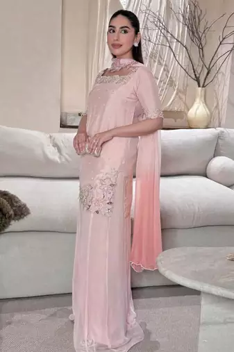Pink silk blend embroidered palazzo set