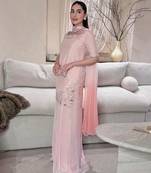 Pink silk blend embroidered palazzo set