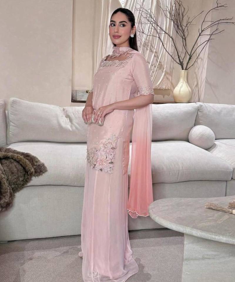 Pink silk blend embroidered palazzo set