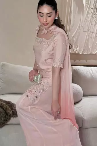 Pink silk blend embroidered palazzo set