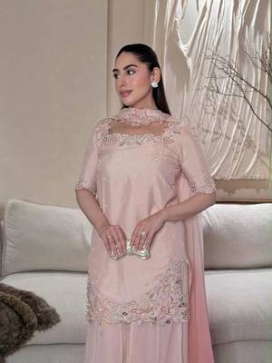 Pink silk blend embroidered palazzo set 3