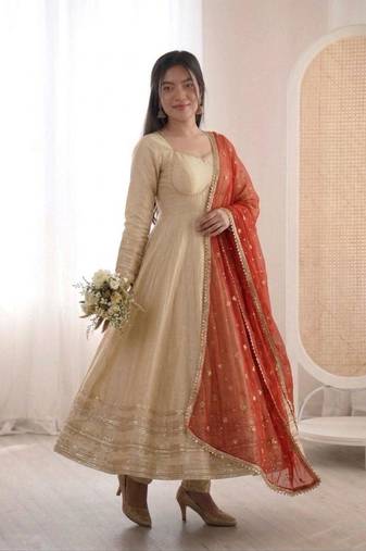 Beige silk blend lace flared gown set
