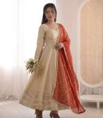 Beige silk blend lace flared gown set