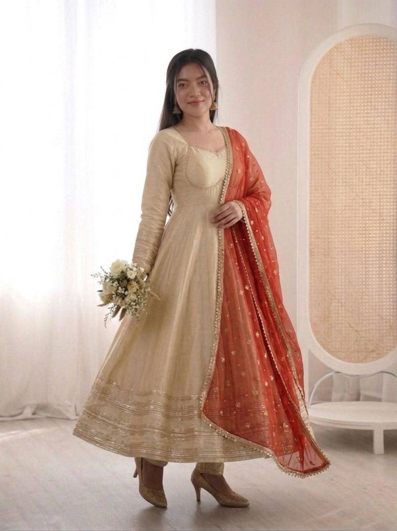 Beige silk blend lace flared gown set