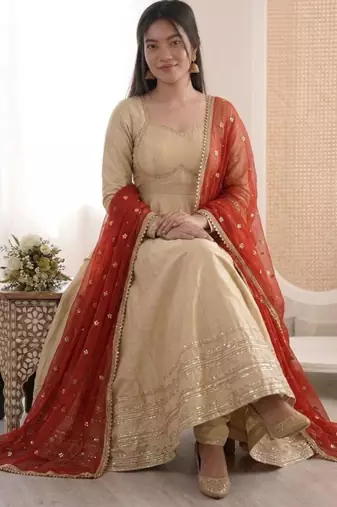 Beige silk blend lace flared gown set
