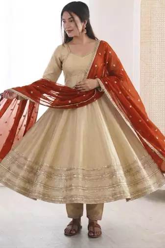 Beige silk blend lace flared gown set