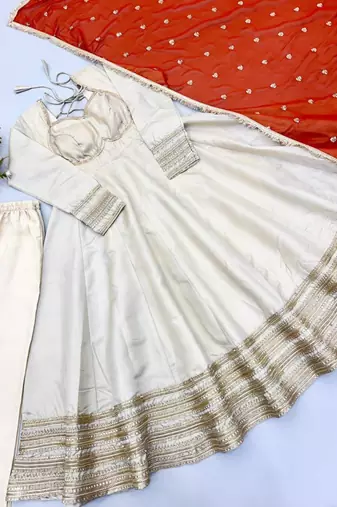Beige silk blend lace flared gown set