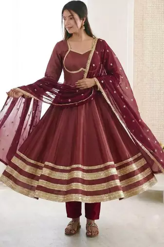 Maroon silk blend lace flared gown set